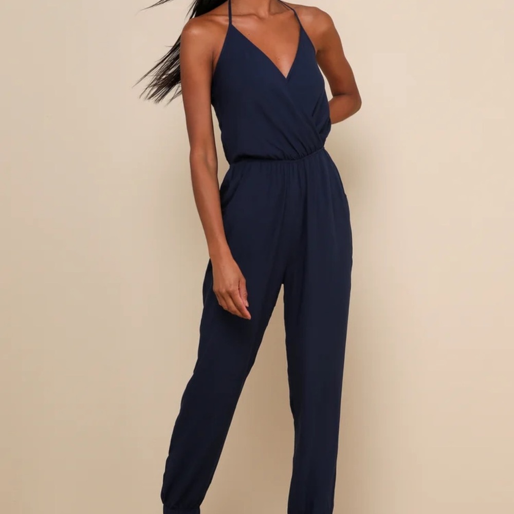 Lulus navy blue jumpsuit with halter neck tie
